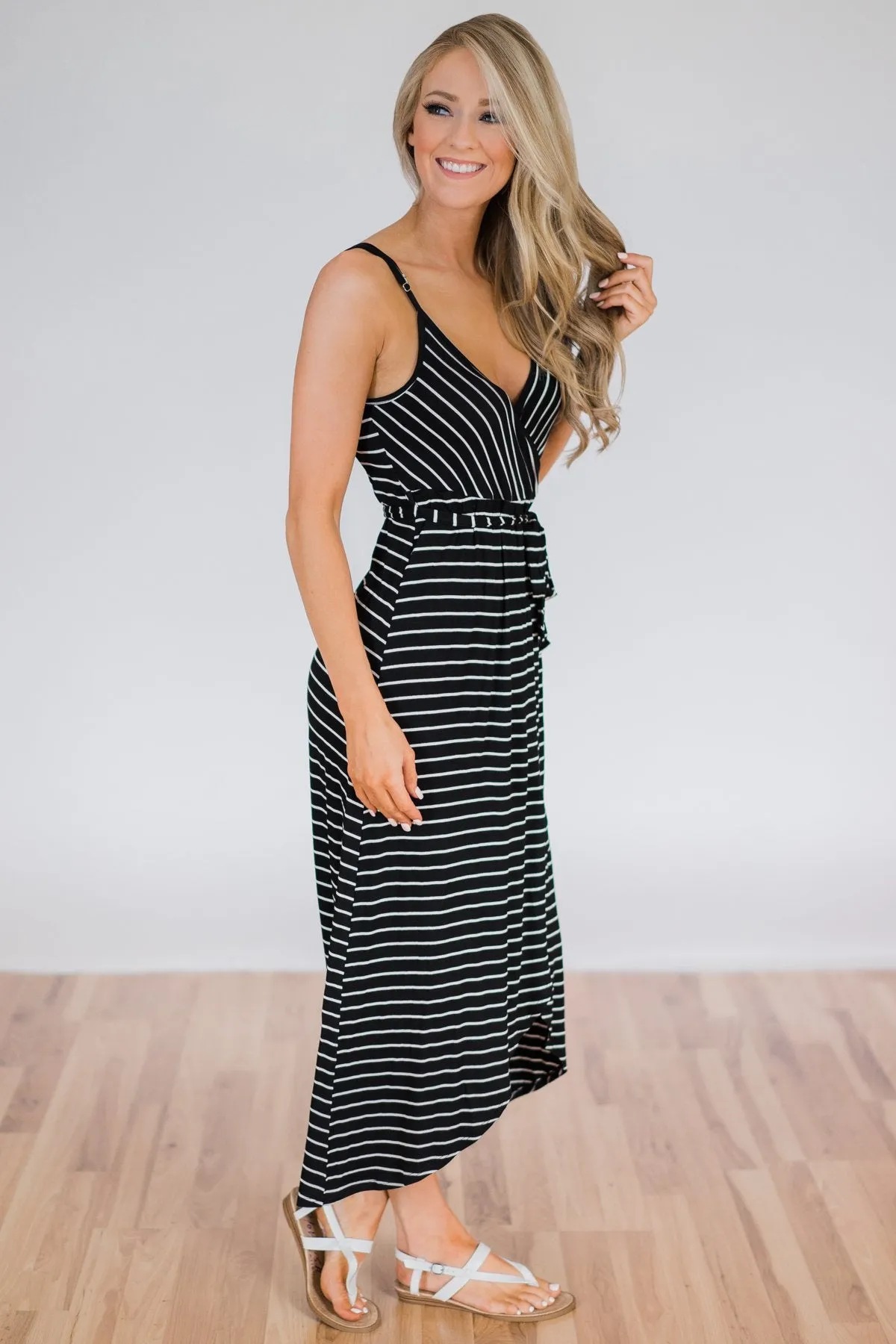 By My Side Striped Hi-Lo Dress- Black