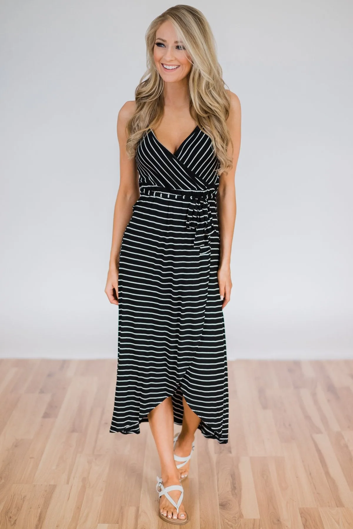 By My Side Striped Hi-Lo Dress- Black