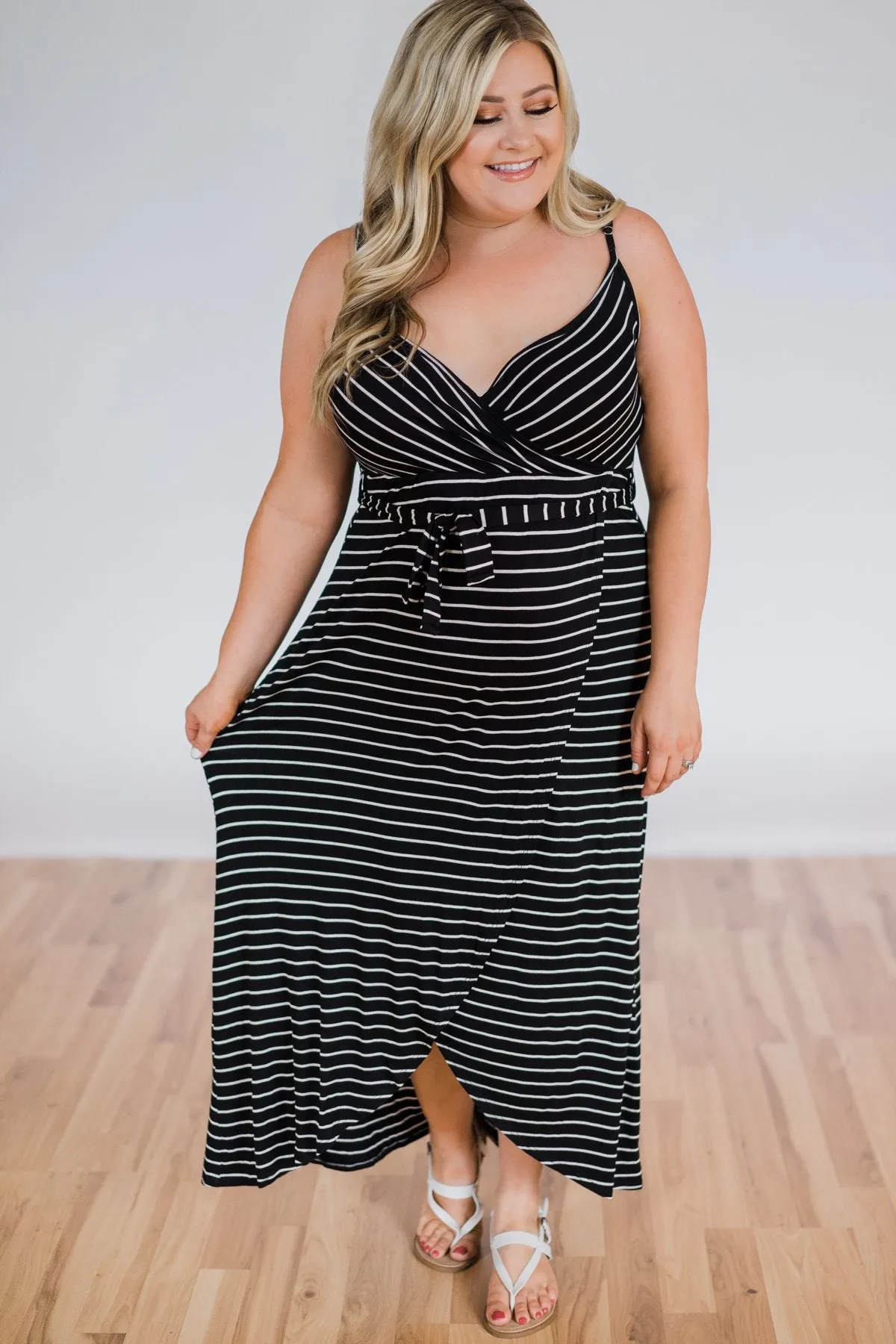 By My Side Striped Hi-Lo Dress- Black