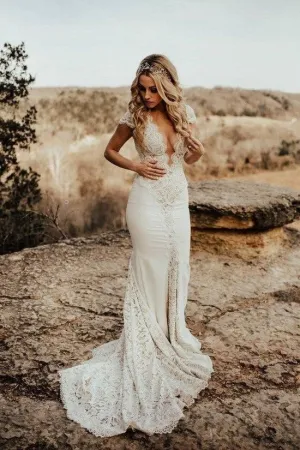 Capped Sleeves Lace Wedding Dress with Plunging  V-neck