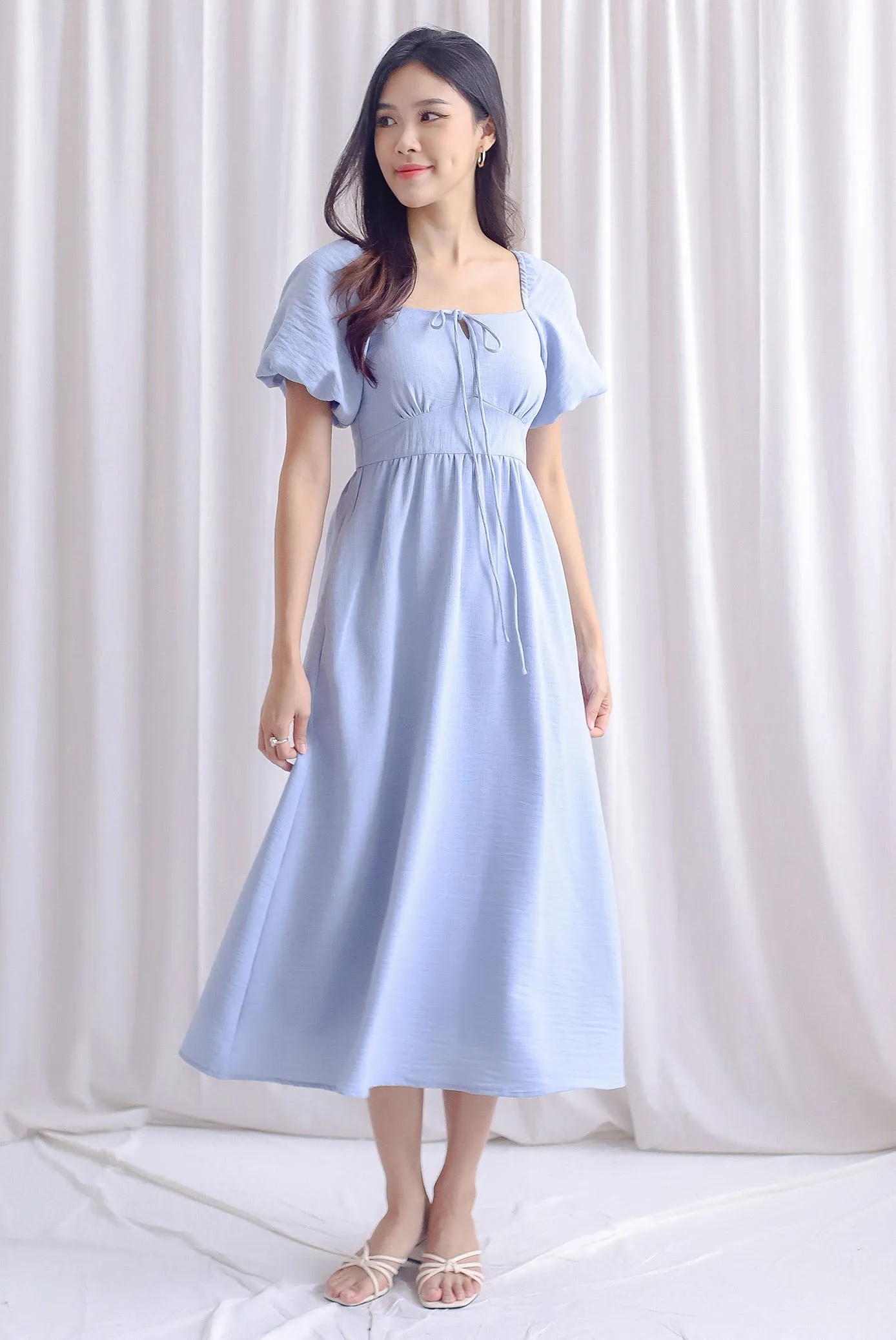 Carrington Puffy Sleeve Tie Up Maxi Dress In Blue