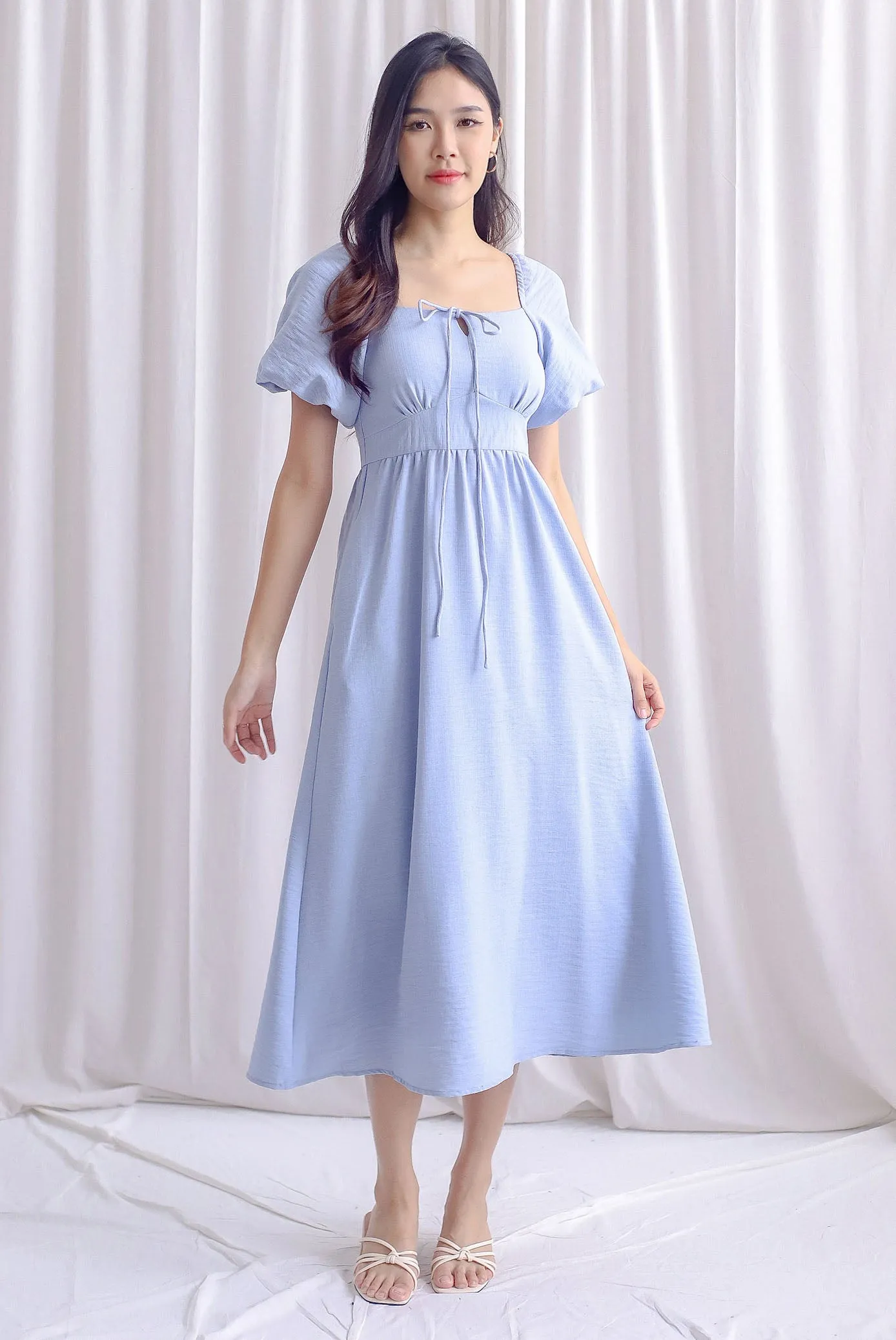 Carrington Puffy Sleeve Tie Up Maxi Dress In Blue