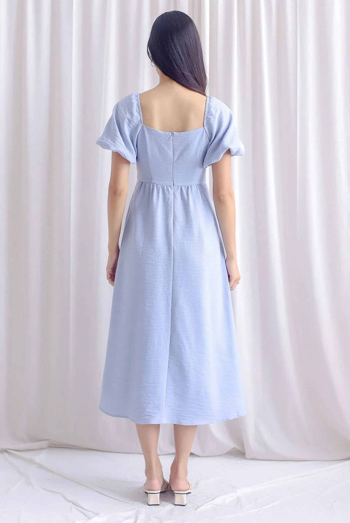 Carrington Puffy Sleeve Tie Up Maxi Dress In Blue