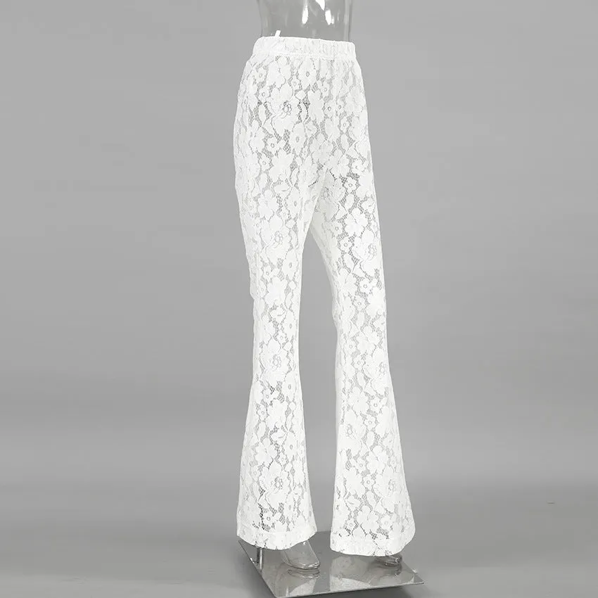 Casual Flared Pants Jacquard See through High Waist  Flared Pants