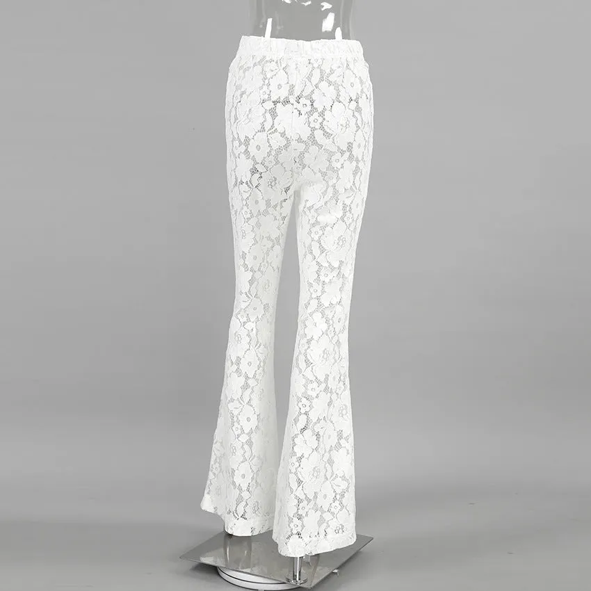 Casual Flared Pants Jacquard See through High Waist  Flared Pants