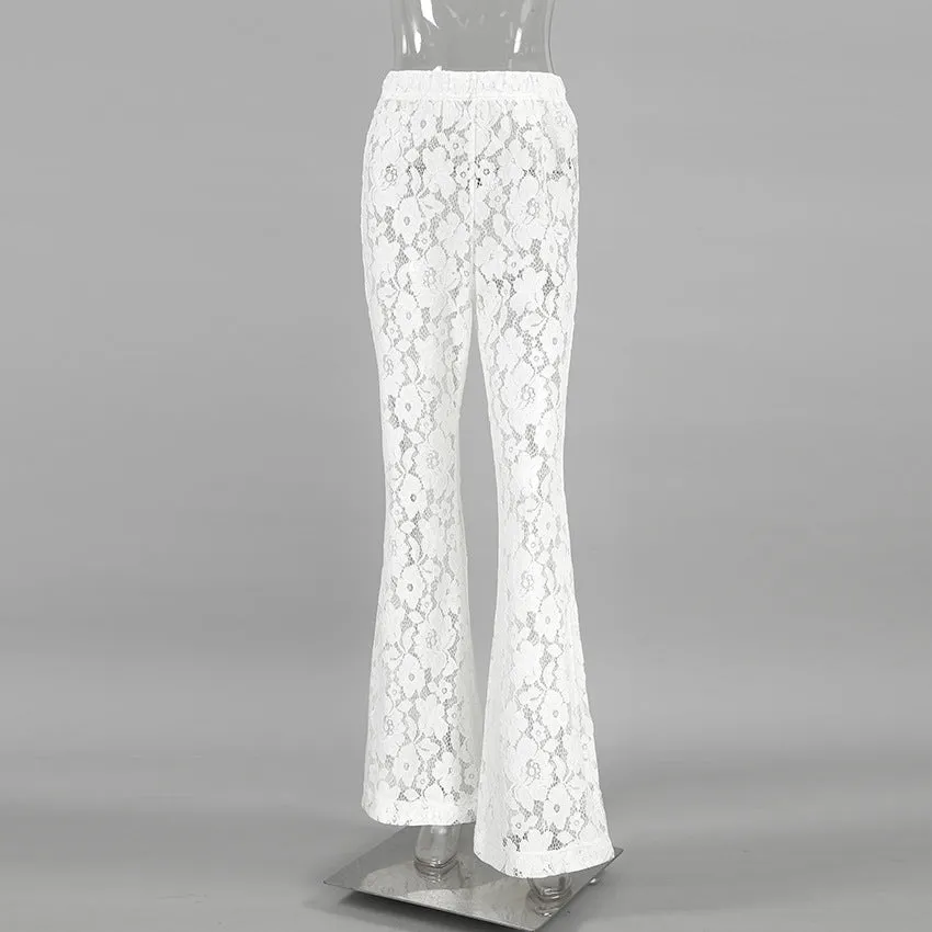 Casual Flared Pants Jacquard See through High Waist  Flared Pants