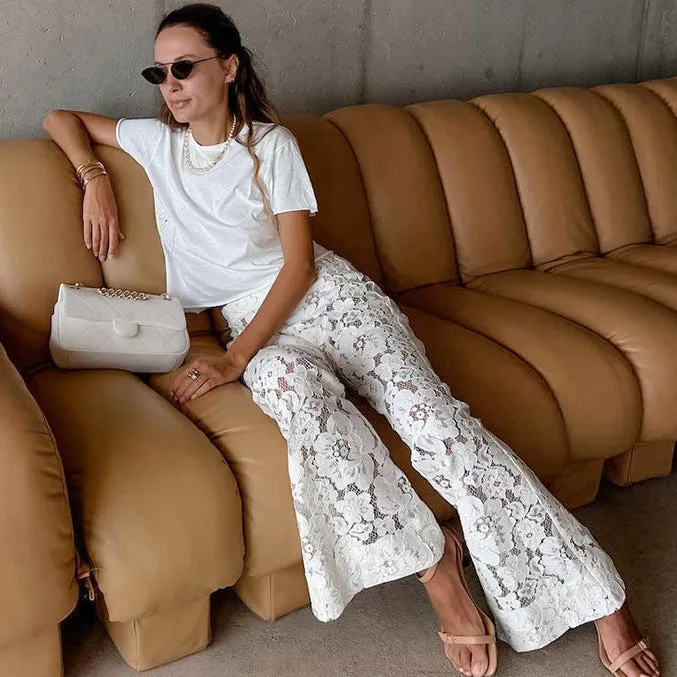 Casual Flared Pants Jacquard See through High Waist  Flared Pants