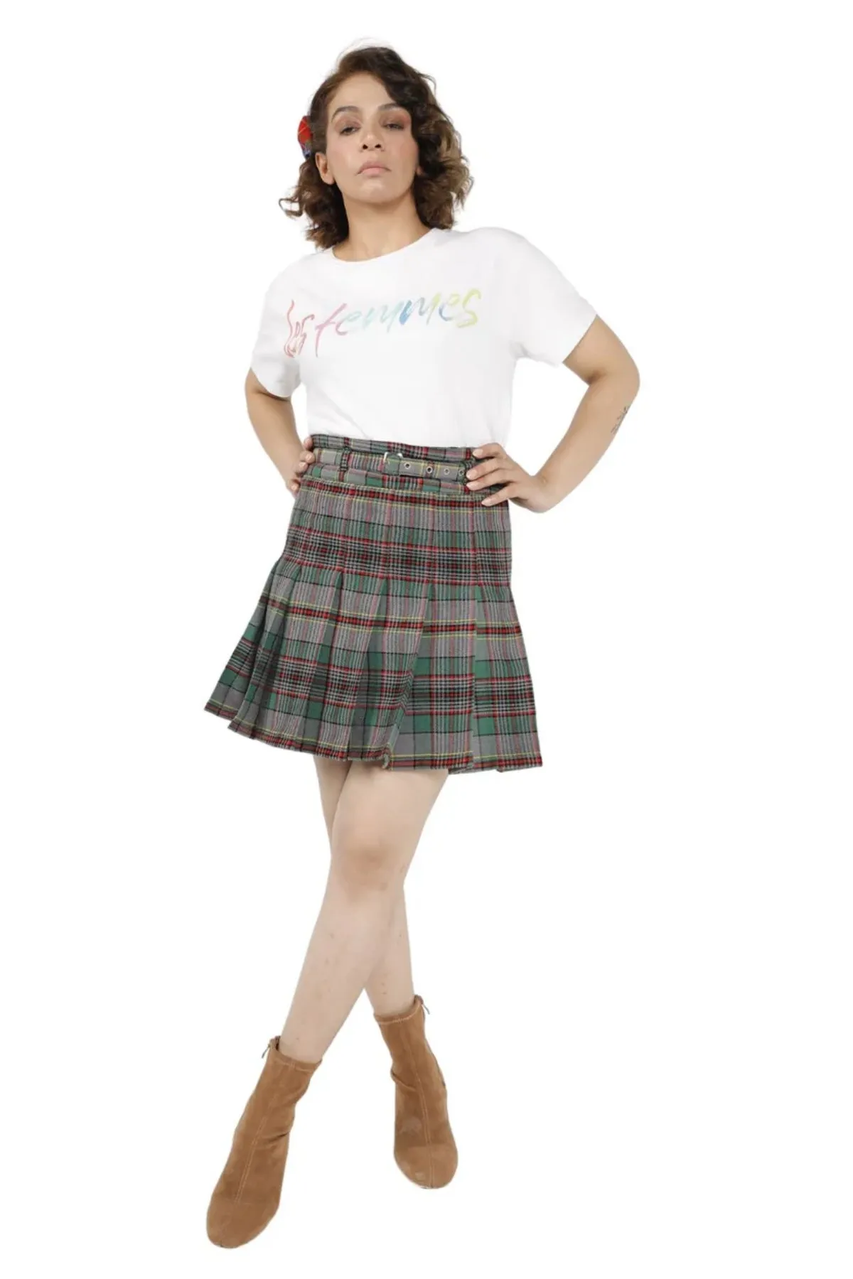 Celtic Charm High-Waisted Plaid Pleated Mini Skirt with Belt
