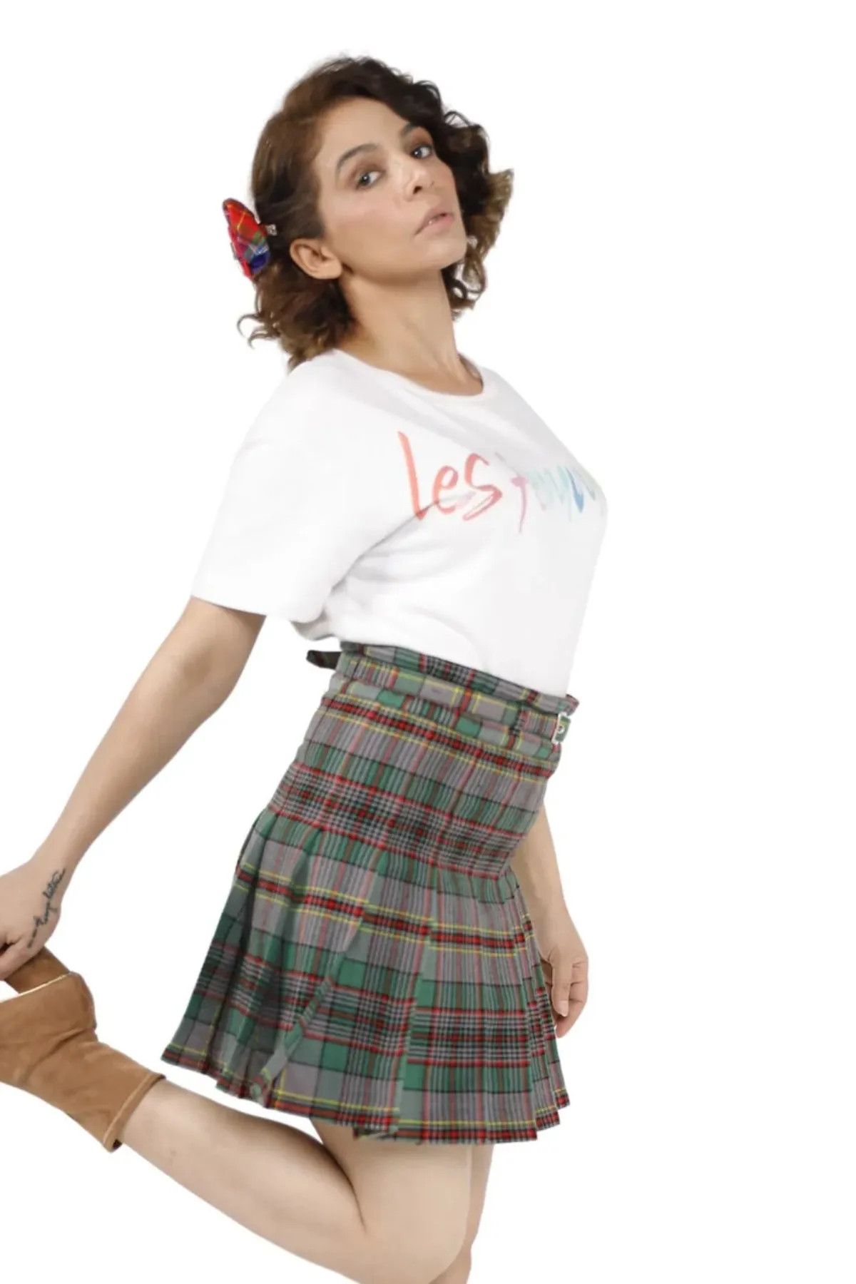 Celtic Charm High-Waisted Plaid Pleated Mini Skirt with Belt
