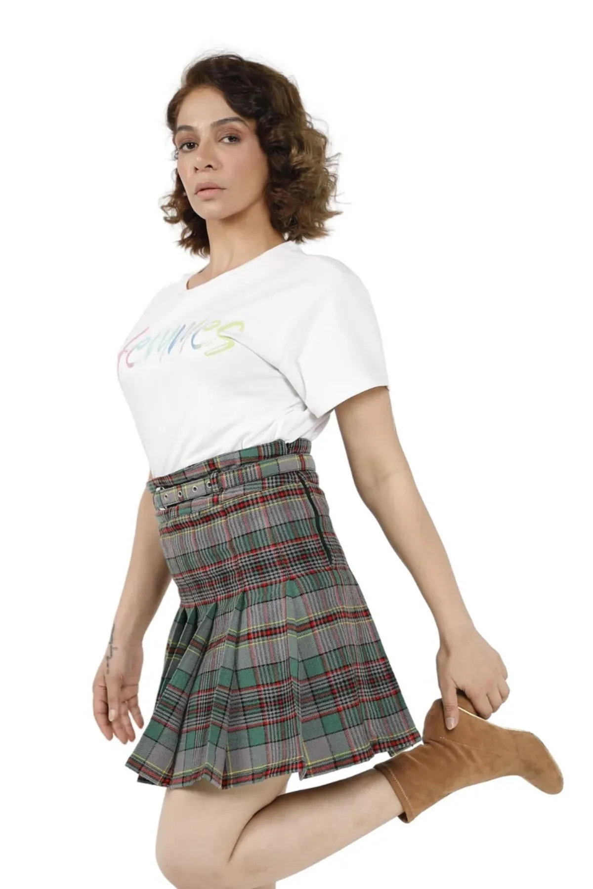 Celtic Charm High-Waisted Plaid Pleated Mini Skirt with Belt