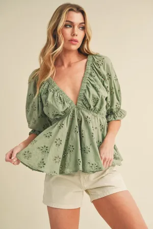 Chic Green Peplum Blouse with Eyelet Embroidery