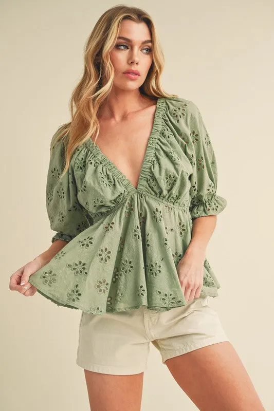 Chic Green Peplum Blouse with Eyelet Embroidery