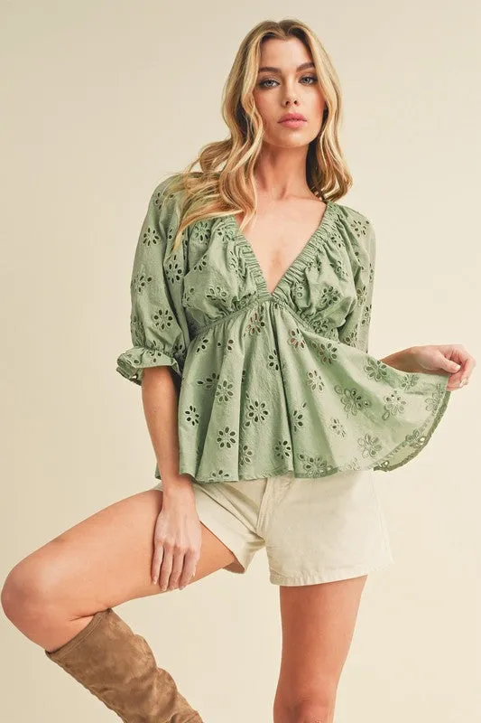 Chic Green Peplum Blouse with Eyelet Embroidery