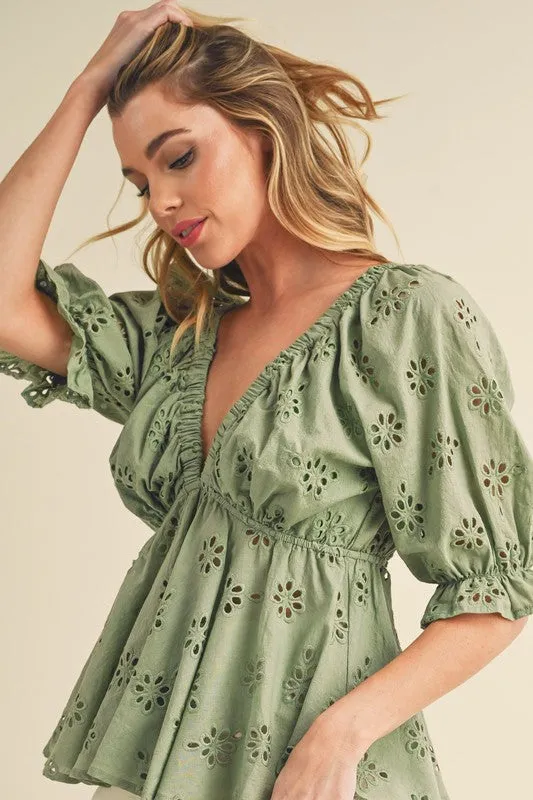 Chic Green Peplum Blouse with Eyelet Embroidery