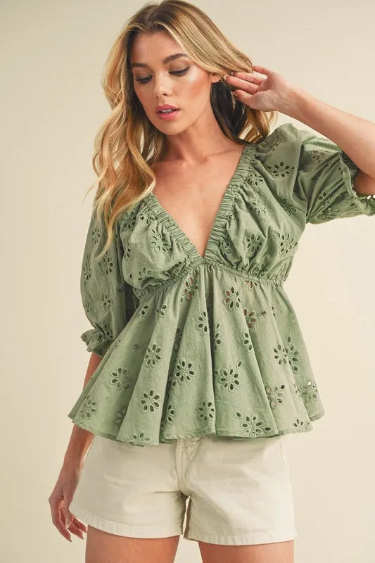 Chic Green Peplum Blouse with Eyelet Embroidery