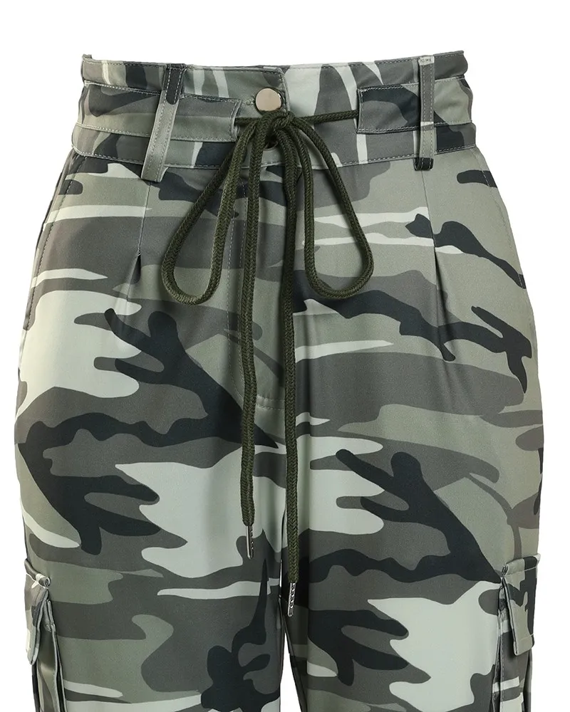 CityHottie - Women Fashion Spring Summer Women Camouflage Print Drawstring Pocket Design Cargo Pants Casual Long Trouser Loungewear Daily Wear Clothes