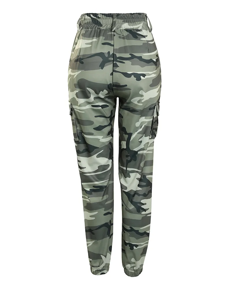 CityHottie - Women Fashion Spring Summer Women Camouflage Print Drawstring Pocket Design Cargo Pants Casual Long Trouser Loungewear Daily Wear Clothes