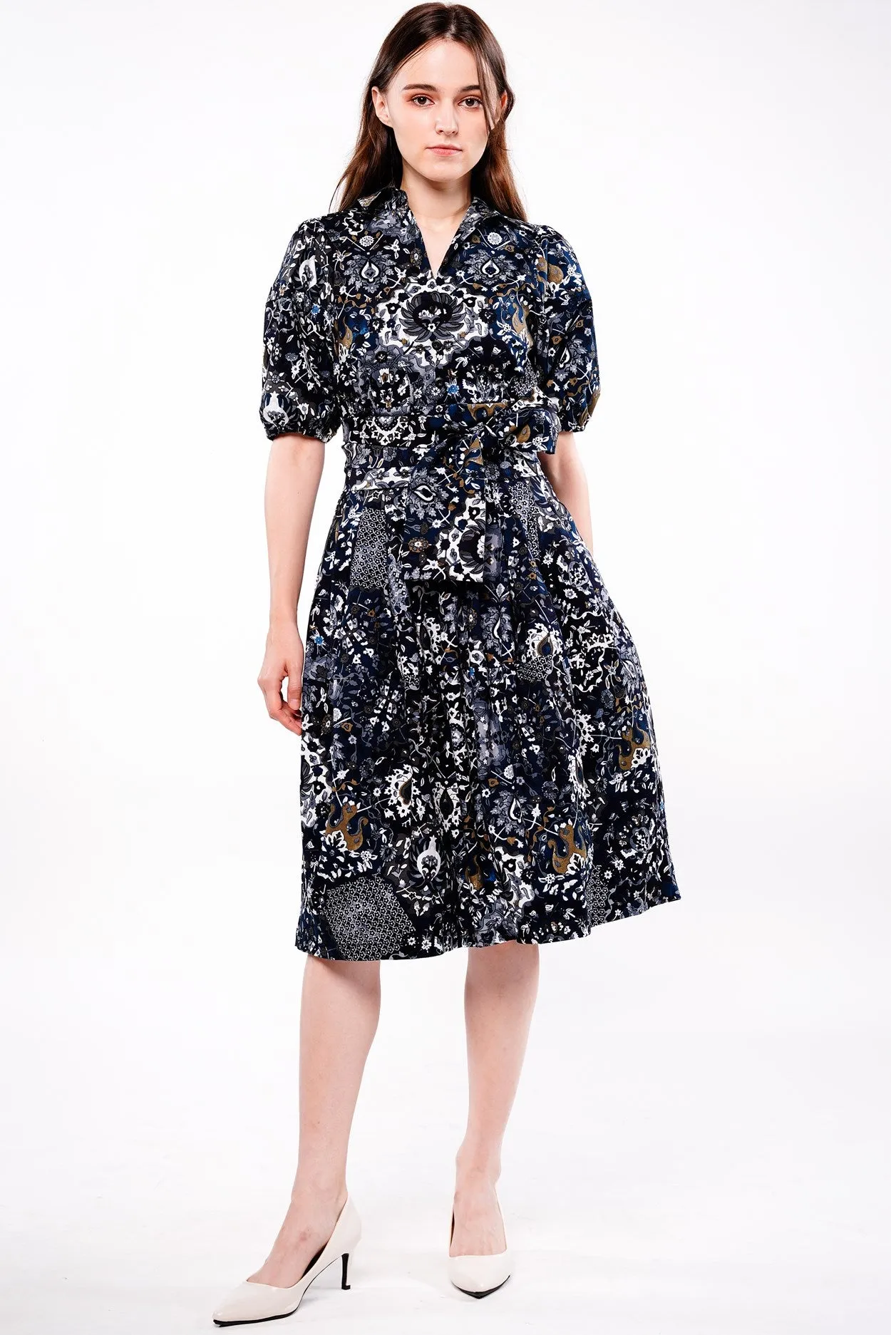 Claire Dress Shirt Collar Short Puff Sleeve Cotton Stretch (Casper Wallpaper Bright)