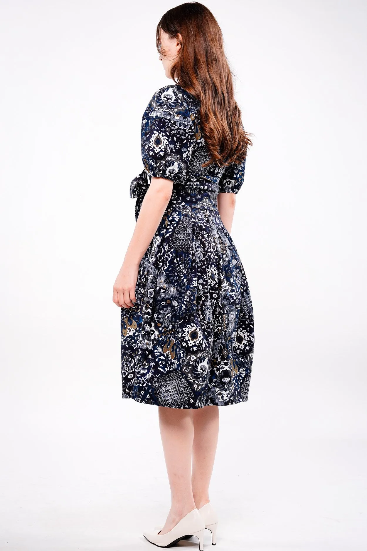 Claire Dress Shirt Collar Short Puff Sleeve Cotton Stretch (Casper Wallpaper Bright)
