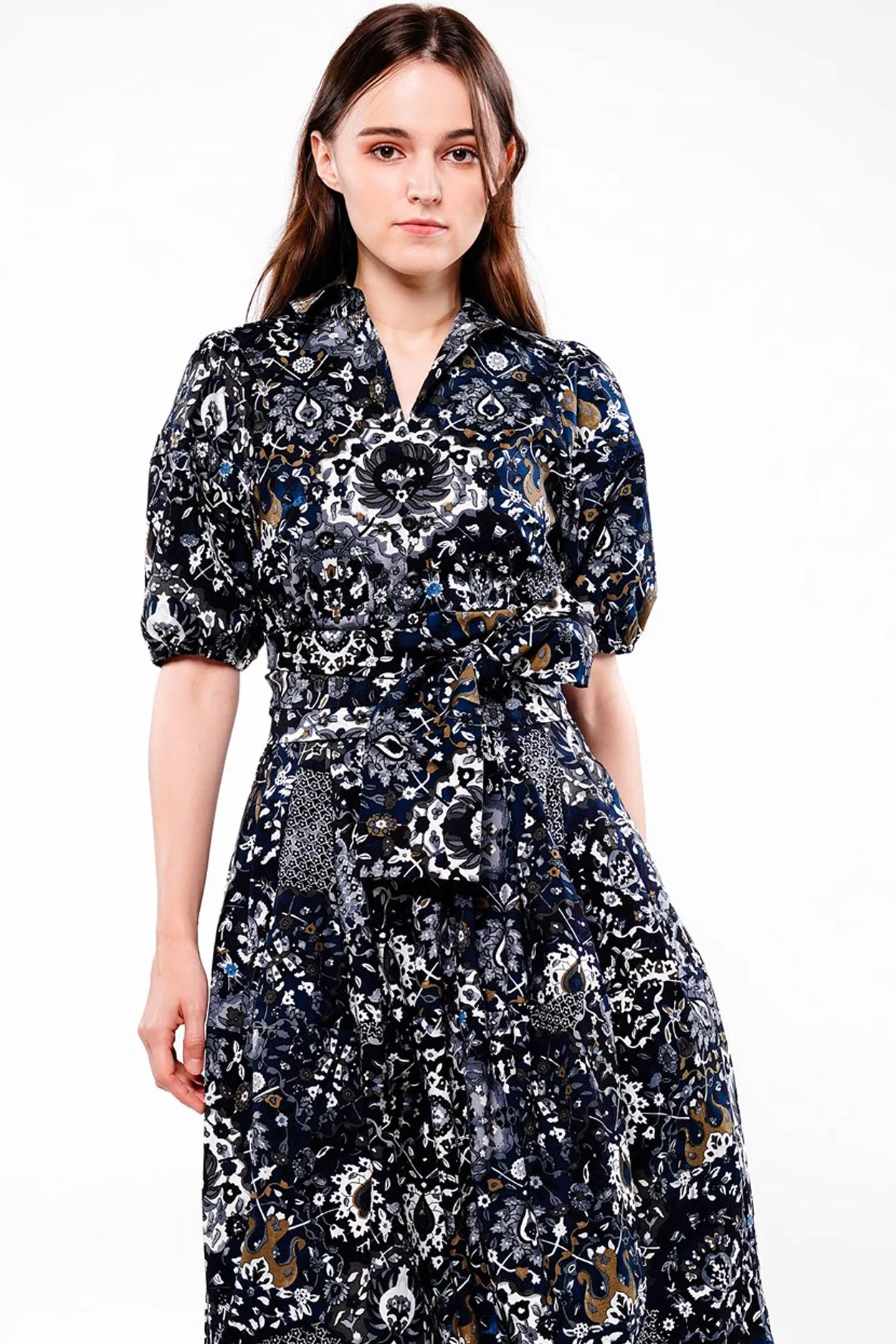 Claire Dress Shirt Collar Short Puff Sleeve Cotton Stretch (Casper Wallpaper Bright)