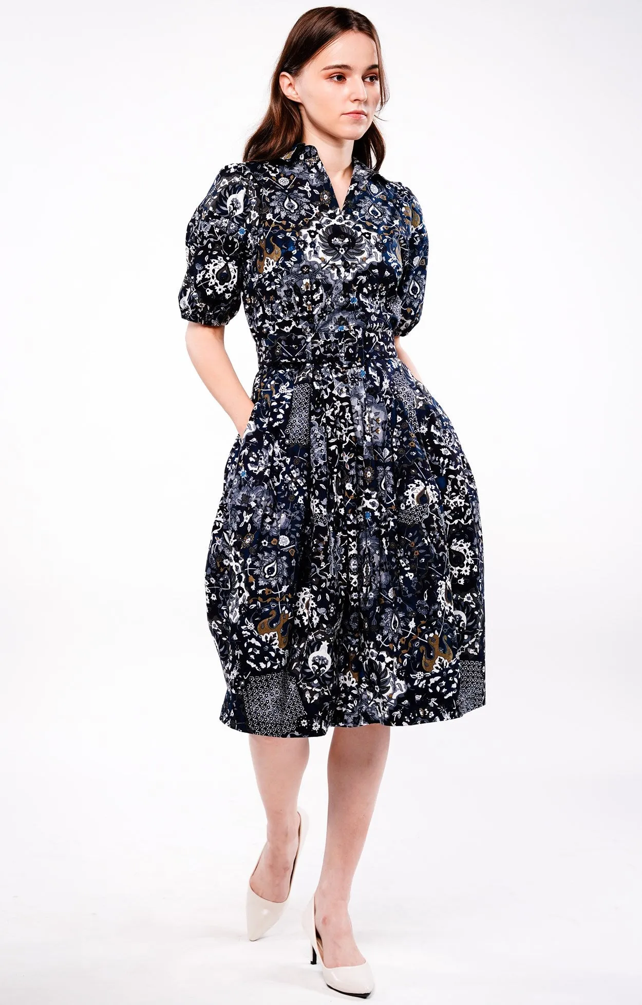 Claire Dress Shirt Collar Short Puff Sleeve Cotton Stretch (Casper Wallpaper Bright)
