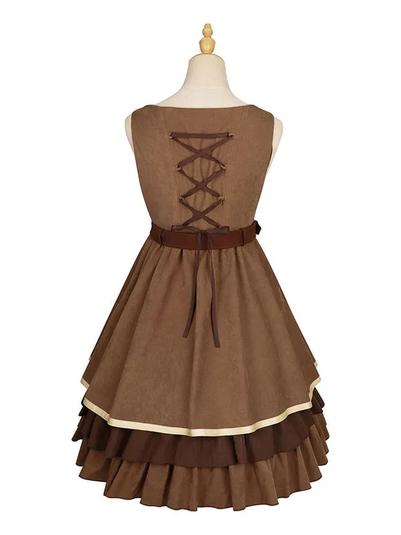 Classical Lolita JSK Dress 6-Piece Set Light Brown Steampunk Lolita Jumper Skirt Outfit