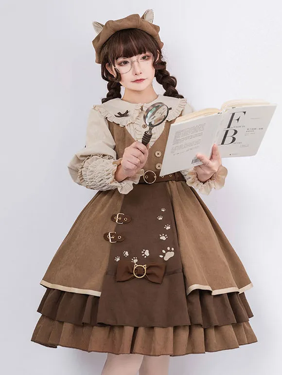 Classical Lolita JSK Dress 6-Piece Set Light Brown Steampunk Lolita Jumper Skirt Outfit