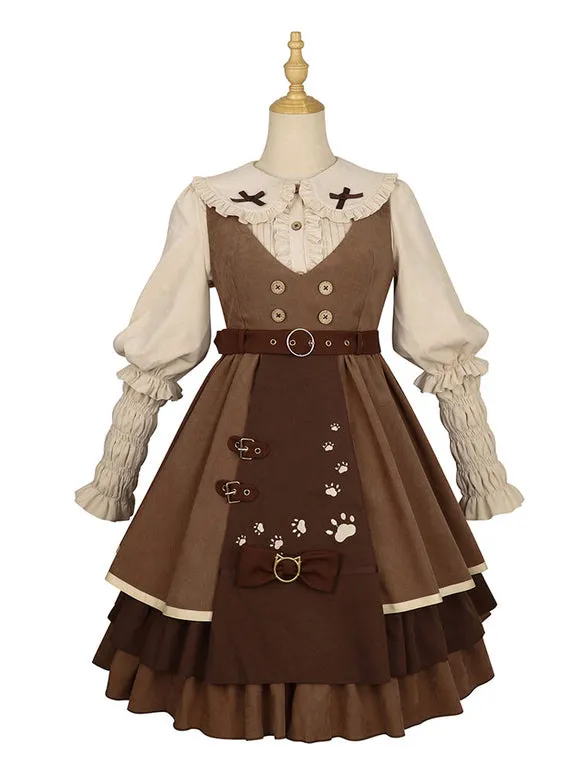 Classical Lolita JSK Dress 6-Piece Set Light Brown Steampunk Lolita Jumper Skirt Outfit