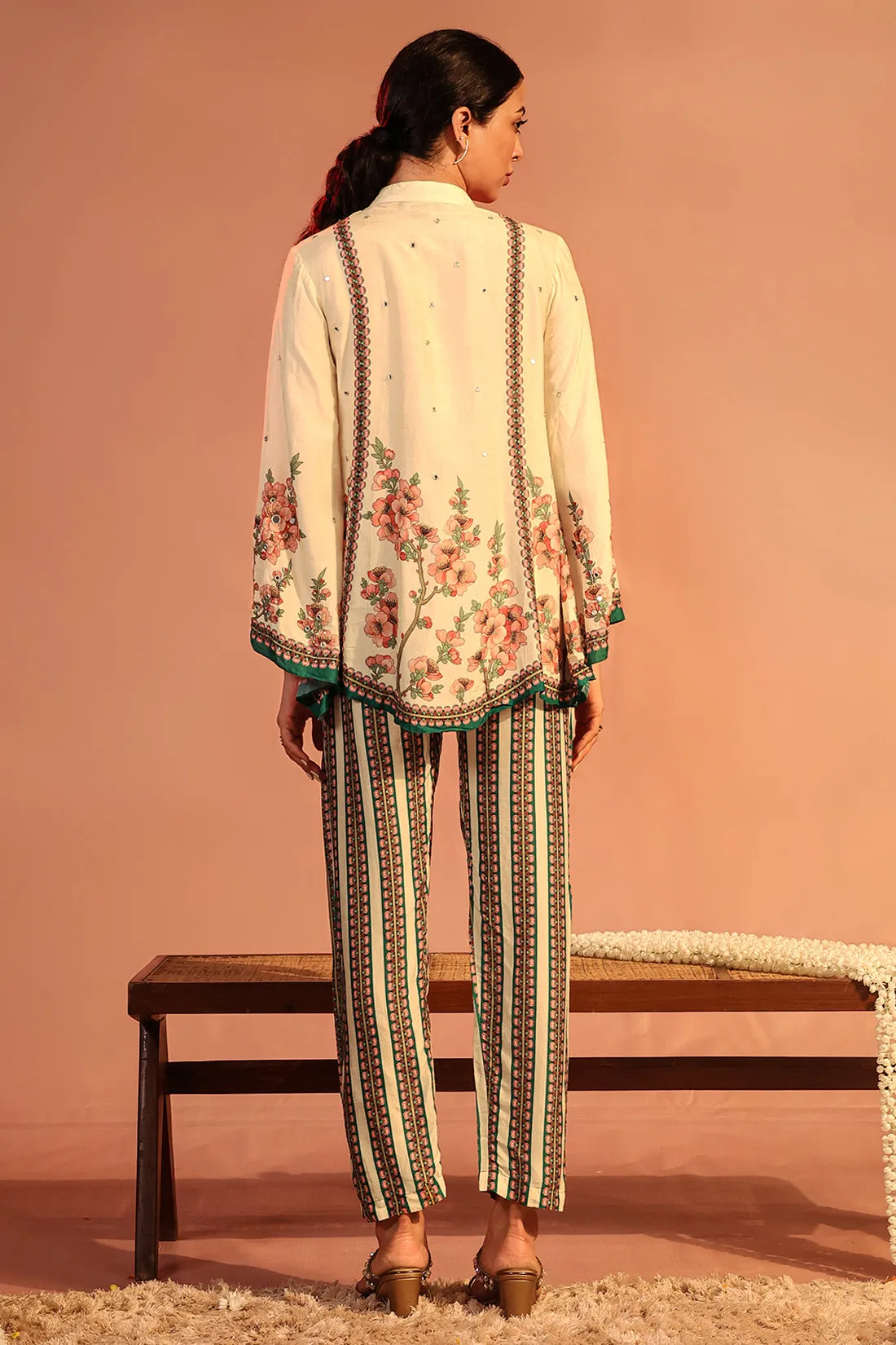 Cream tamaya embroidered tunic and pants