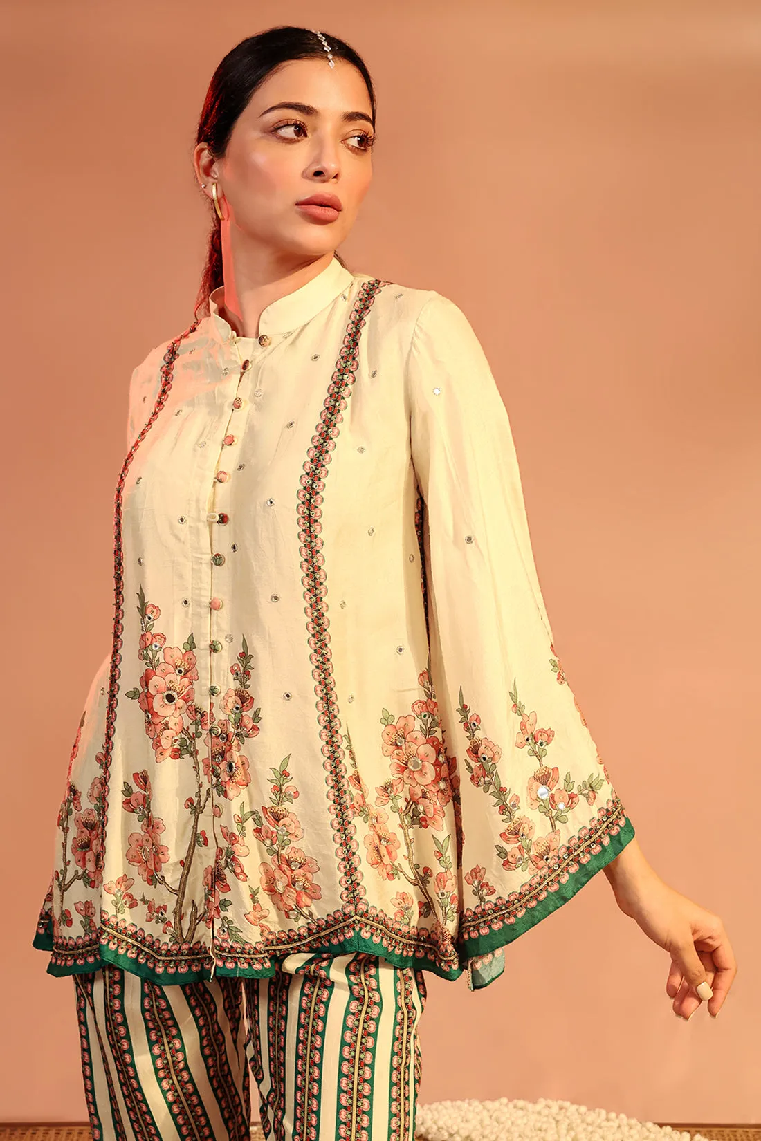 Cream tamaya embroidered tunic and pants