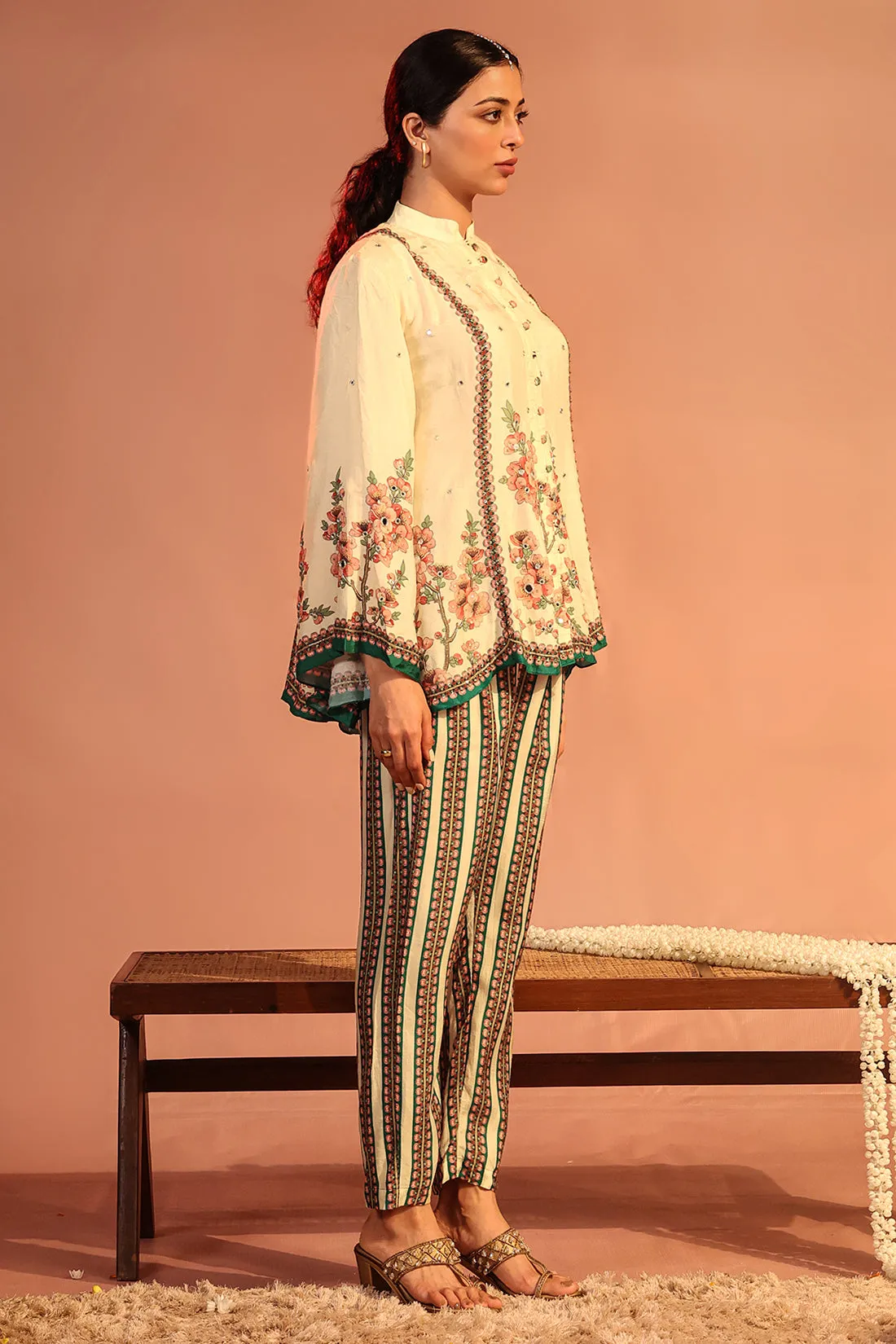Cream tamaya embroidered tunic and pants