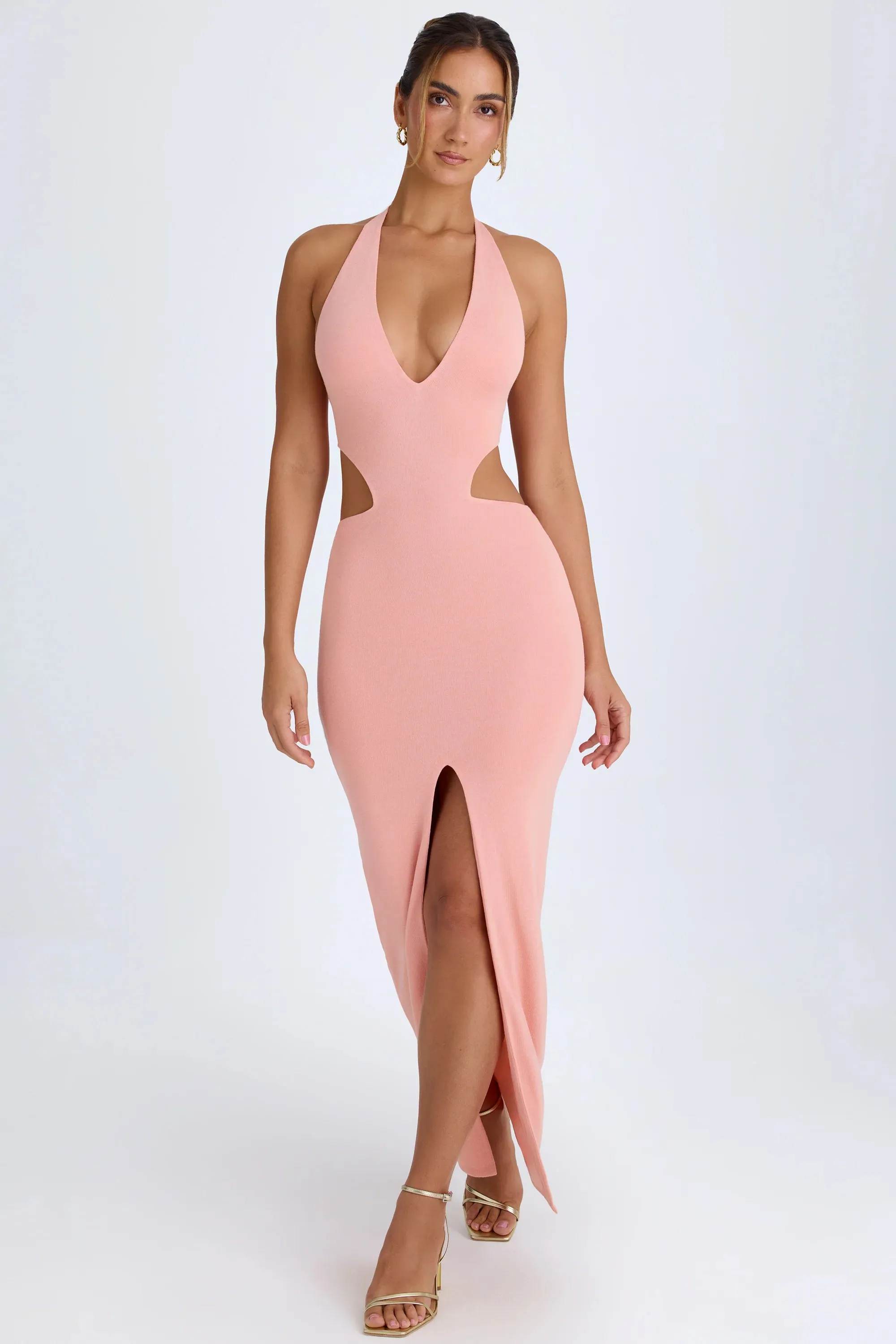 Cut-Out Halterneck Maxi Dress in Apricot Pink