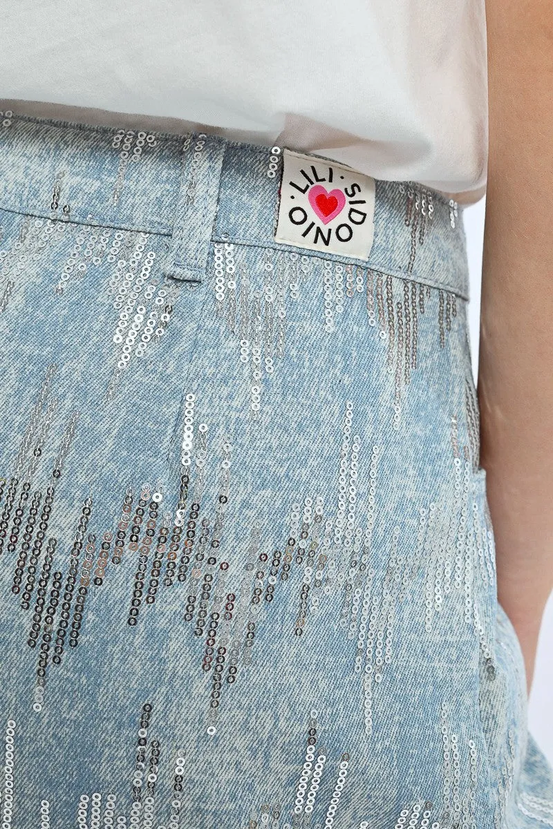 DENIM AND SEQUIN MINI SKIRT