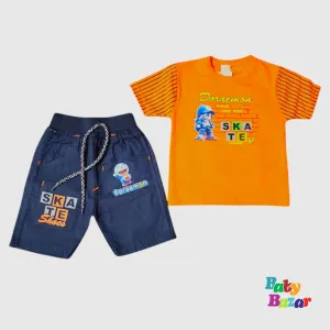 Doraemon Skate Theme T-Shirt & Shorts Set for Boys – Orange & Navy Blue