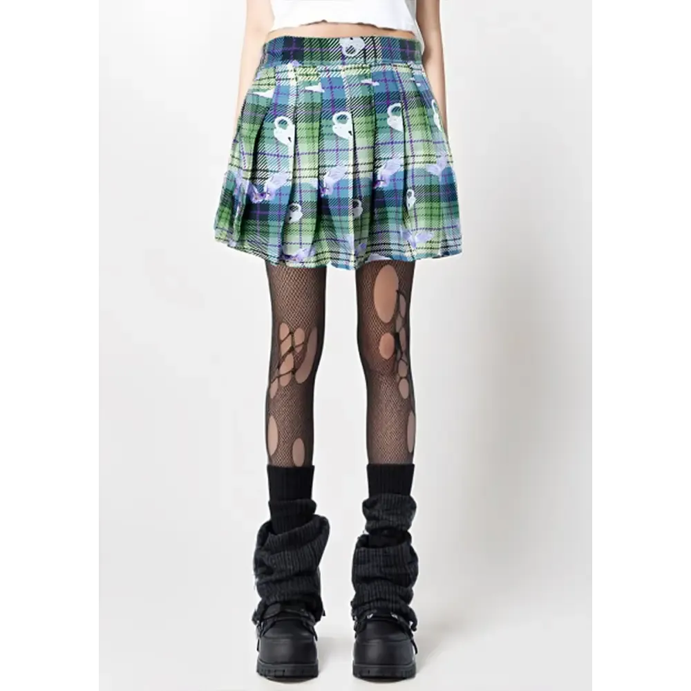 Dreamcore Eye Angel Green Plaid Pleated Skirt for Enchanting Style