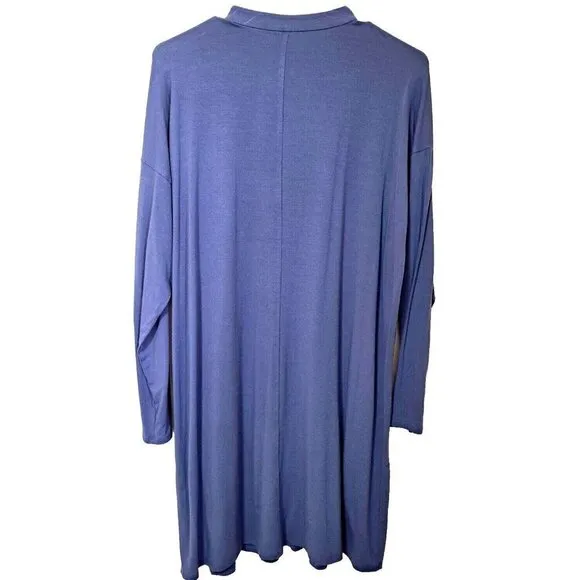 Eileen Fisher M Cadet Blue Henley Style Long Sleeve Button Front Slinky Dress