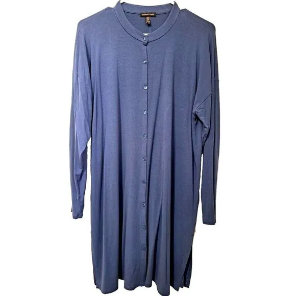 Eileen Fisher M Cadet Blue Henley Style Long Sleeve Button Front Slinky Dress