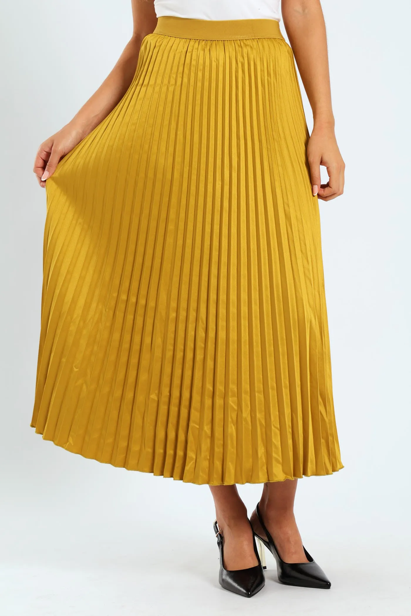 Elasticated Satin Pleated Maxi Skirt - Gold