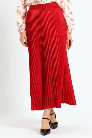 Elasticated Satin Pleated Maxi Skirt - Red