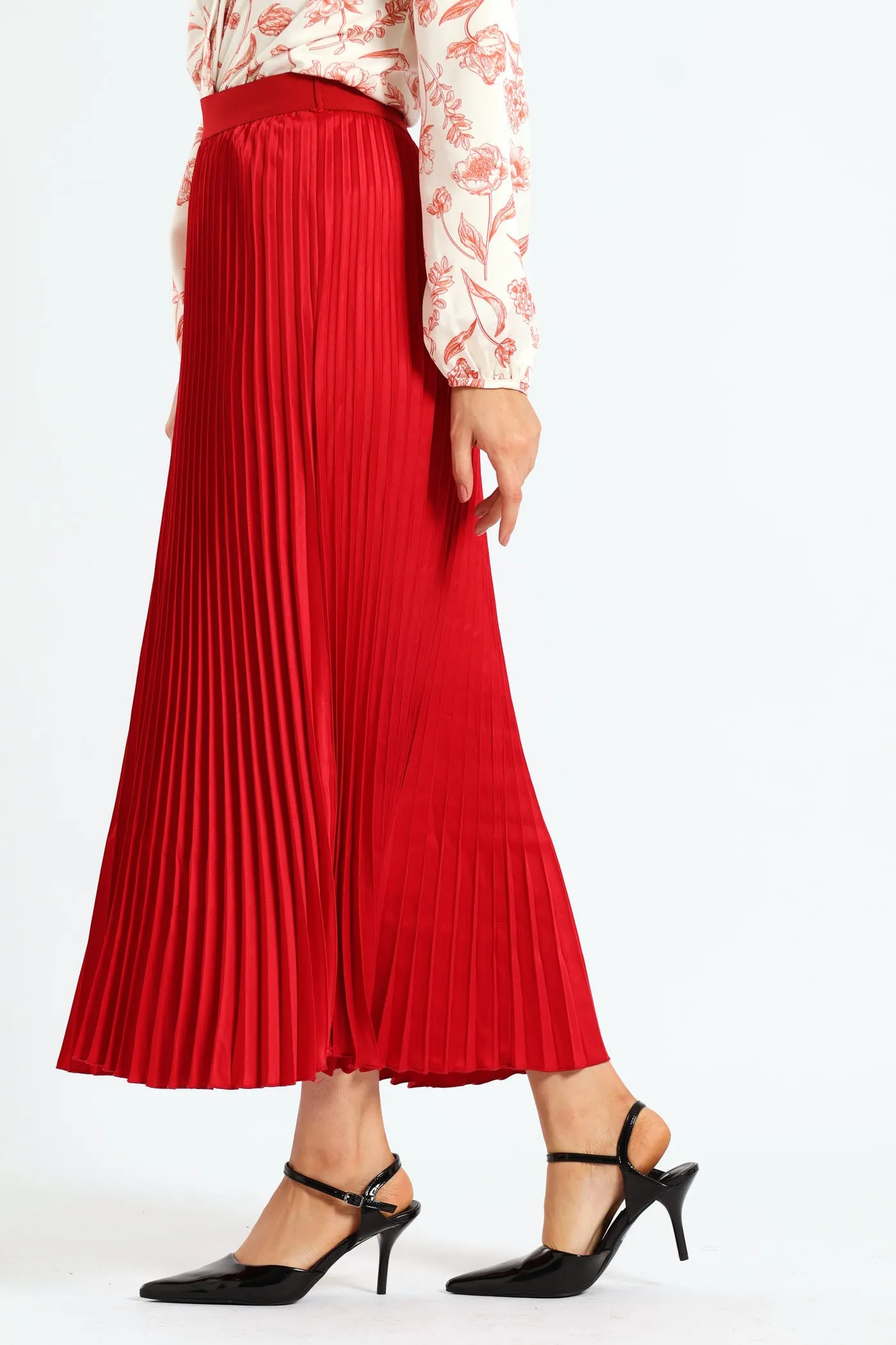 Elasticated Satin Pleated Maxi Skirt - Red
