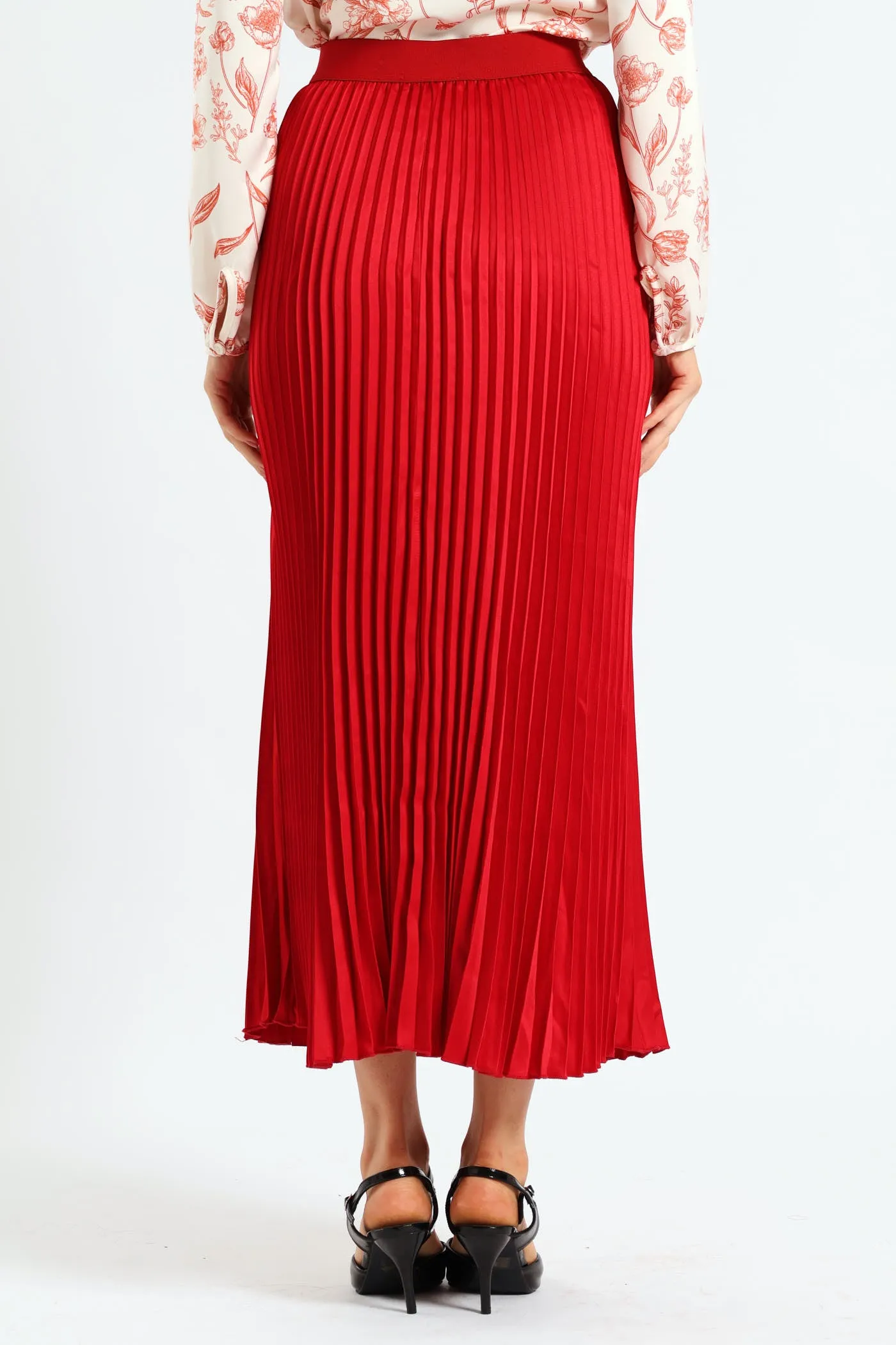 Elasticated Satin Pleated Maxi Skirt - Red