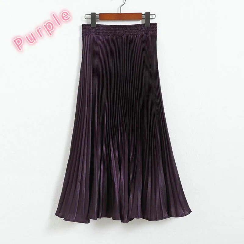 Elegant Metal Gloss Elastic Waist Pleated Smooth Bright Satin Ladies Maxi Long Tulle Women's Skirts