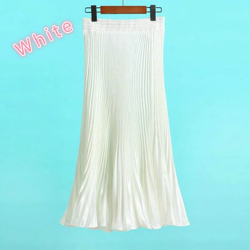 Elegant Metal Gloss Elastic Waist Pleated Smooth Bright Satin Ladies Maxi Long Tulle Women's Skirts