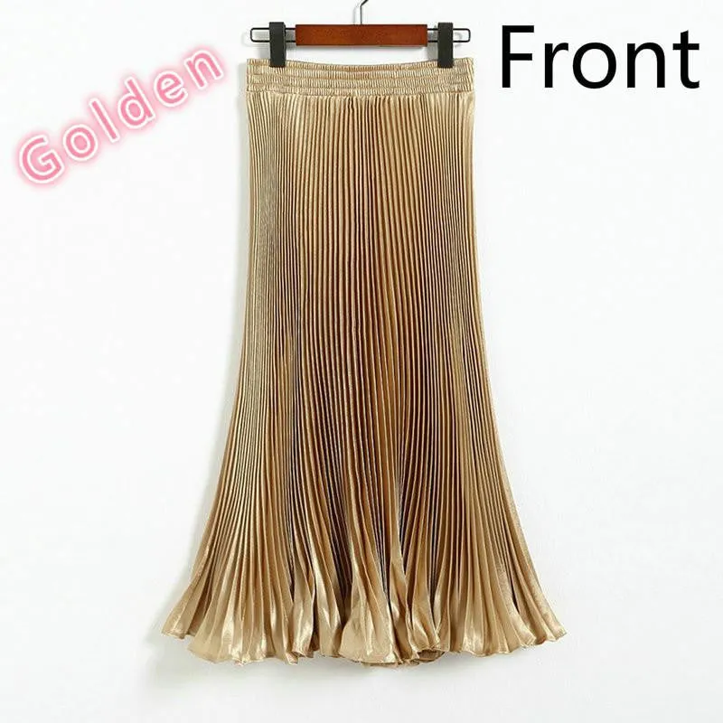 Elegant Metal Gloss Elastic Waist Pleated Smooth Bright Satin Ladies Maxi Long Tulle Women's Skirts