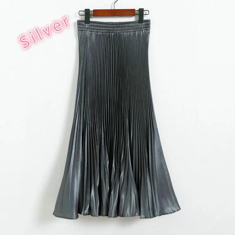 Elegant Metal Gloss Elastic Waist Pleated Smooth Bright Satin Ladies Maxi Long Tulle Women's Skirts