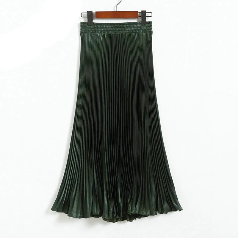 Elegant Metal Gloss Elastic Waist Pleated Smooth Bright Satin Ladies Maxi Long Tulle Women's Skirts
