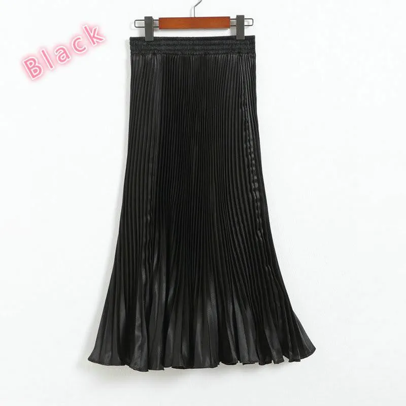 Elegant Metal Gloss Elastic Waist Pleated Smooth Bright Satin Ladies Maxi Long Tulle Women's Skirts