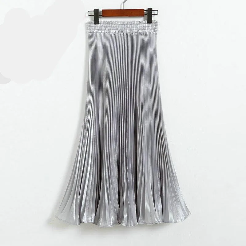 Elegant Metal Gloss Elastic Waist Pleated Smooth Bright Satin Ladies Maxi Long Tulle Women's Skirts