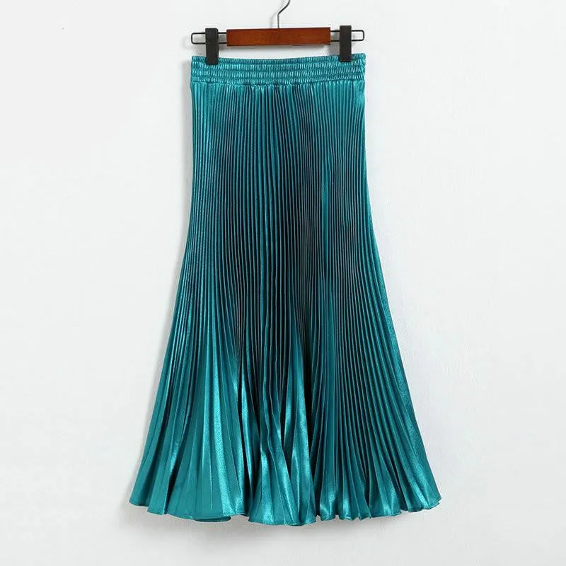 Elegant Metal Gloss Elastic Waist Pleated Smooth Bright Satin Ladies Maxi Long Tulle Women's Skirts