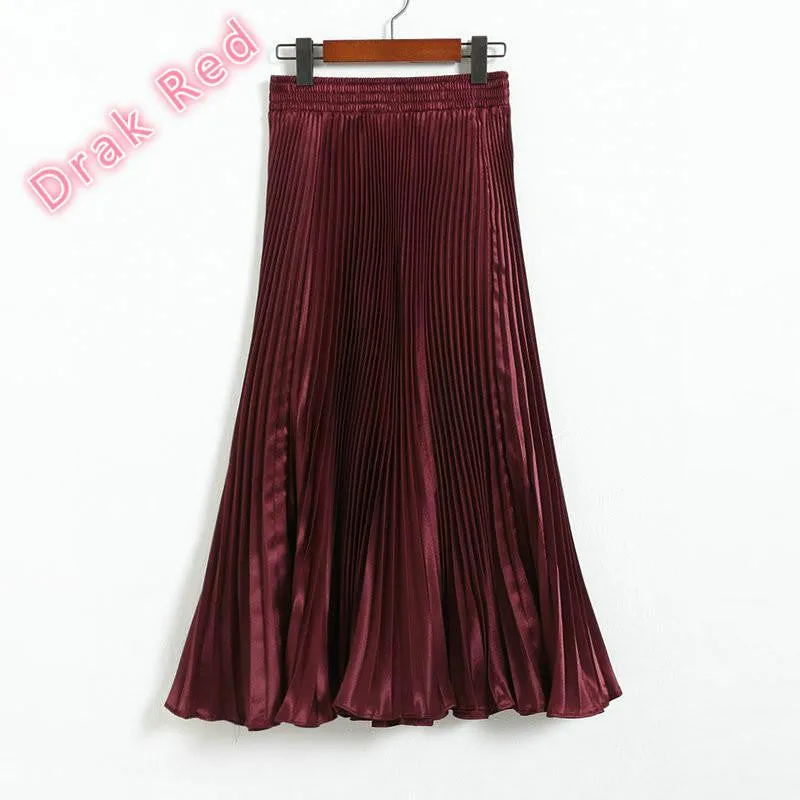 Elegant Metal Gloss Elastic Waist Pleated Smooth Bright Satin Ladies Maxi Long Tulle Women's Skirts